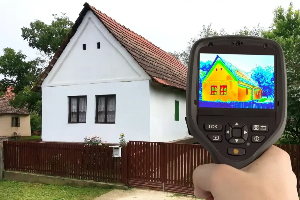 Warmtebeeldcamera toont warmteverlies van woning tijdens isolatieonderzoek